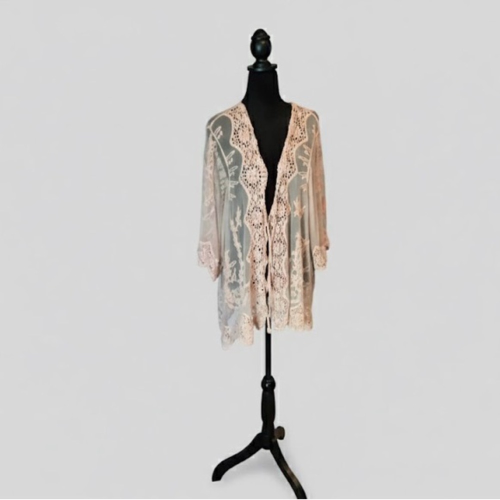SHEER LACE PINK CROCHET COVERUP WITH PEACOCKS. OSF ALL.